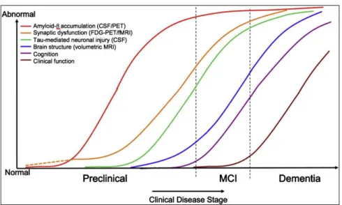Figure 1: Hypothetical model of dynamic biomarkers in the pathophysiological sequence  of AD including the preclinical phase [Sperling 2011]