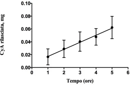 Figura 16 - Quantità di CyA rilasciata dall'idrogel (mg) in funzione del tempo  utilizzando il cestello.