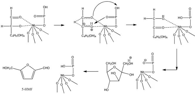 Figura 3.4: Ruolo catalitico del  fosfato di Niobio per la conversione di glucosio ad HMF [38]