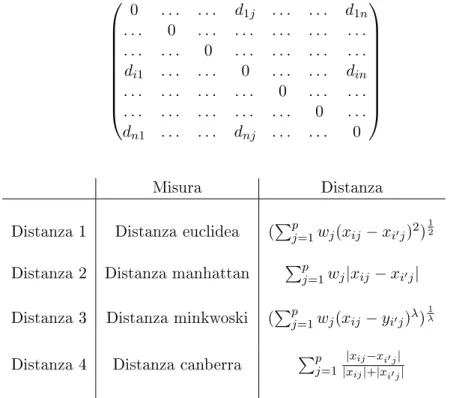 Tabella 3.2: Alcune misure di distanza in uso per i metodi di raggruppamento con variabili quantitative