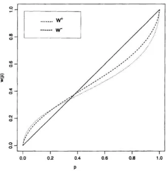 Figura 4 Weighting function per i guadagni (w+) e per le perdite (w-), Kahneman, Tversky, 1992, p