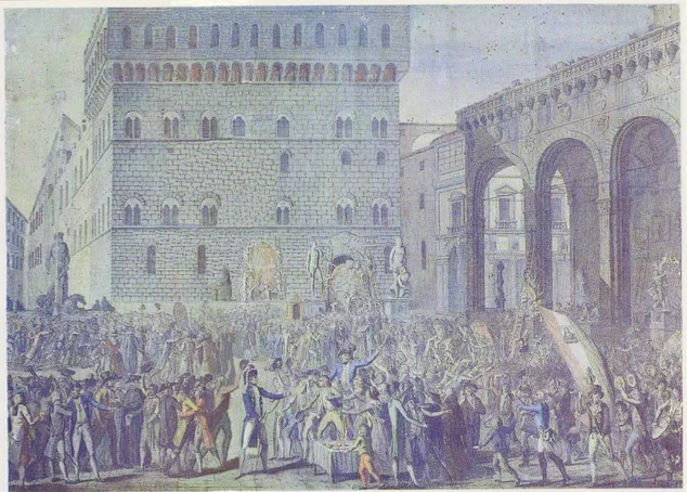 Figura 4. &#34; La mattina del 5 luglio 1799&#34;. Incisione anonima a colori. Roma, Archivio del Museo centrale del  Risorgimento