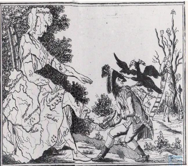 Figura 2. &#34;Un francese tenta di staccare l'Italia dall'Europa. Incisione anonima. Parigi, Biblioteca Nazionale.