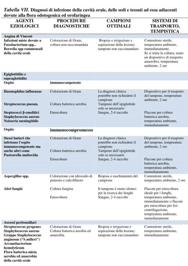 Tabella VII.  Diagnosi di infezione della cavità orale, delle sedi e tessuti ad essa adiacenti  dovute alla flora odotogenica ed orofaringea 