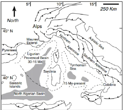 Figura 1: assetto regionale della catena Alpina ed Appenninica (Molli &amp; Malavielle, 2010)