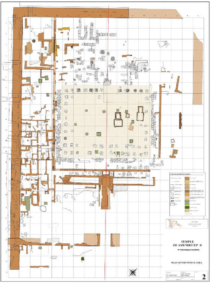 Fig. 4. Pianta del tempio. In verde la posizione delle tombe   (rilievo F. Longhi, E. Negri, T