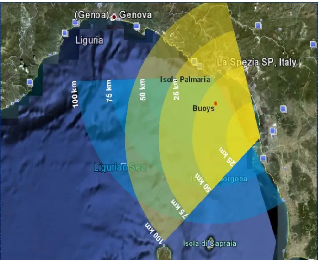 Figura 13: Copertura dei radar WERA di San Rossore e Palmaria
