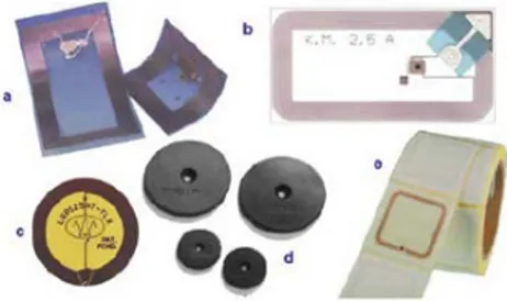 Fig. 1.9 Different types of tags in the HF band: (a) tags on plastic support TI-RFID, (b) label LAB-ID  (Italy), (c) and (d) tag for industrial use of EMS-group Datalogic (Italy), (e) X-ident label