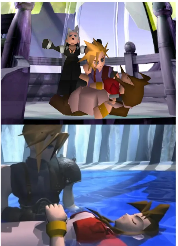 Figure 2.1: Comparison between the in game graphics and the pre-rendered cutscenes in Final Fantasy VII.