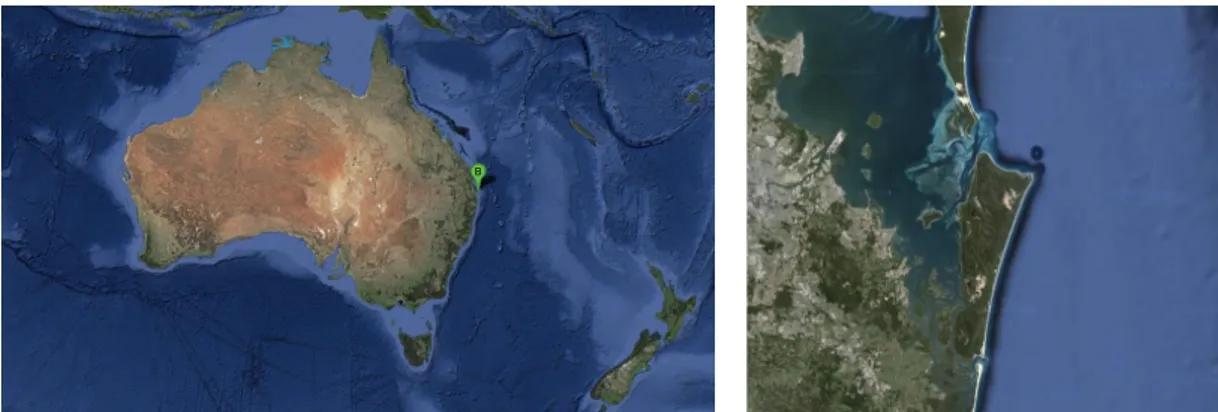 Figure 5. Satellite image (Google 2013 ©) of Brisbane (left) and zoom on Moreton Bay Marine Park, North  Stradbroke Island (right);