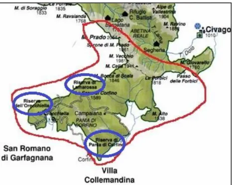 Fig. 2.2: Area demaniale Orecchiella con le tre riserve statali 