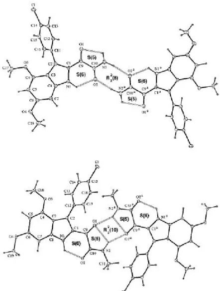 Figura 3. Struttura cristallina a raggio X e rappresentazione del legame ad idrogeno della gliossilammide primaria 1a (in alto) e secondaria 1b (in basso).