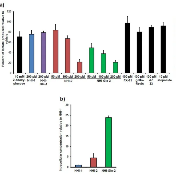 Figure 1.7: A) Results of treatment of HeLa cells with various compound, showing that NHI-Glc-2 reduces  lactate production more efficiently that NHI-2