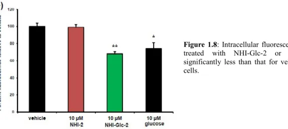 Figure 1.8: Intracellular fluorescence of cells  treated   with   NHI-Glc-2   or   glucose   is  significantly less than that for vehicle-treated  cells.