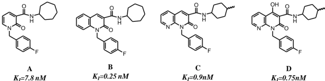 Figure 2. Structures of fluorinated pyridin- (A), quinolin- (B), 1,8-naphthyridin-2-one (C) derivatives and 1- 1-hydroxy-2-oxo-1,2-dihydro-1,8-naphthyridine- 3carboxamide derivative (D) 