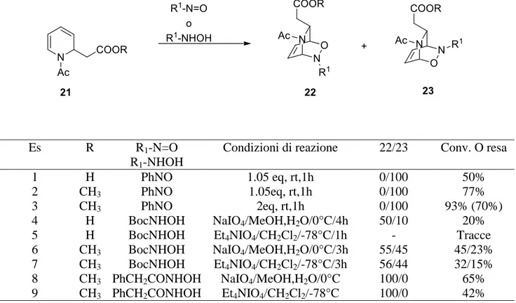Tabella  1.3.  Risultati  della  regioselettività  della  reazione  di  nitroso  Diels-Alder  sulla  DHP  21  ottenuti precedentemente nel nostro laboratorio