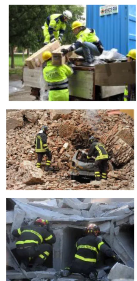 Figure 1: The collect ion of pict ures shows (from t he t op left t o right bot t om) ﬁremen and people of the Civil Protection at work: hitting t he t op of a roof wit h an axe, hit t ing a wall wit h a hammer,  un-loading heavy object s, using a wat er p