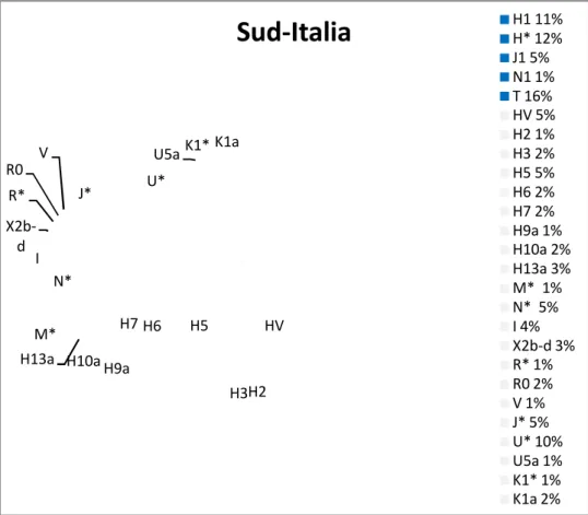 Fig.  3.6:  Percentuali  degli  aplogruppi  nei  campioni  del  Sud  Italia  (in  blu  gli  aplogruppi  comuni  ai  campioni  dell'AS e dell'AA, in bianco gli altri aplogruppi) 