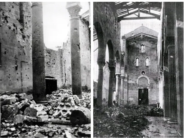 Figura 1.4: Le parete sud distrutta in seguito ai bombardamenti vista dall'altare maggiore