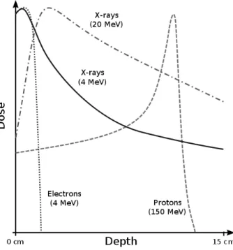 Figure 1.2: The figure shows the curves of the release of dose of different types of particles of various energies.