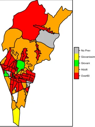 Fig  2.5:  il  Comune  di  Montecatini  Terme  suddiviso  in  sezioni  di  censimento  colorate  in  base  alla  prevalenza  dell’età della popolazione residente