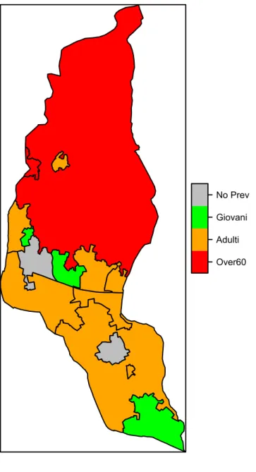 Fig 2.8: il Comune di Uzzano suddiviso in  sezioni di censimento colorate in base alla  prevalenza dell’età della popolazione  residente