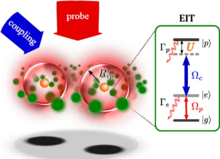 Figure 2.9: Scheme of interaction-enhanced imaging. The impurities (orange spheres) are embedded in a dense two-dimensional atomic gas of probe atoms (green spheres)