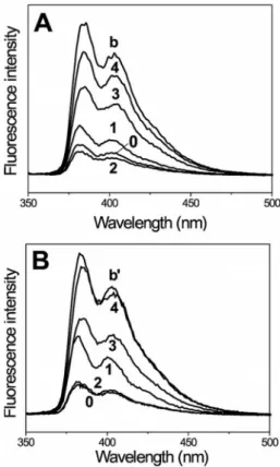 Figure 5 (A and B) shows the steady-state fluorescence spectra of the Pyr–(Aib) n –NH–TEMPO (n = 0–4) and the Pyr–(Deg) n –NH–TEMPO (n = 0–4) series, respectively.