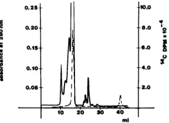 FIG  I  Stenc  exclusion  chromatography  of labelled  mdomethac~n  incubated  (3  minutes  at  37°C) m  whole  plasma  Incubation and  chromatographic  conditions  as described  ~n the  text  The  sohd hne  represents  absorbance  at  280  nm