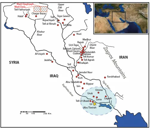 Figure 1. Map of Mesopotamia with the sites, reported in red, whose pottery has been analysed in 