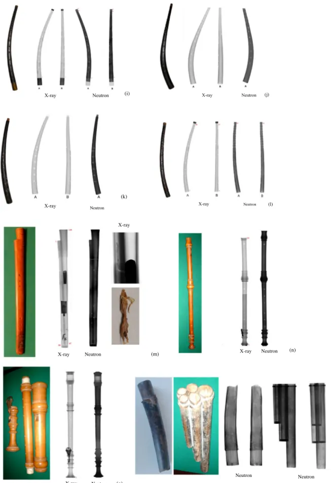 Fig. 2. Investigated musical instruments and radiographic images. From left to right for each instrument photograph, X-ray radiographies and neutron radiographies are reported