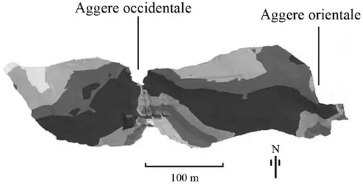 Fig. 1 – Planimetria dell’abitato di Colle Rotondo e localizzazione dei due aggeres.