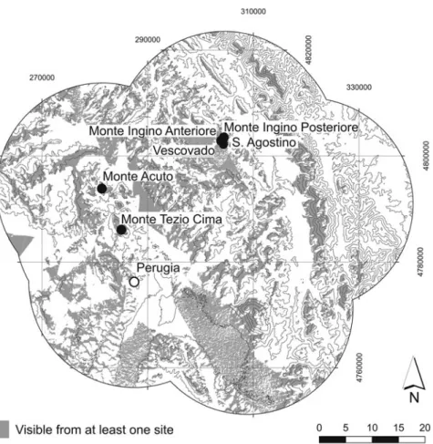 Fig. 3. The location of the main final bronze age sites in the region, showing the importance of intervisibility between them