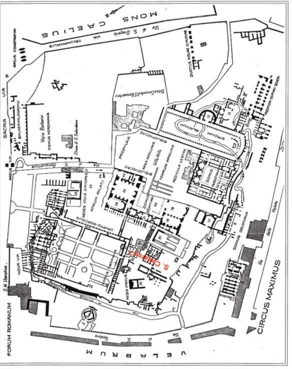 Fig. 5 Pianta del Palatino con le evidenze monumentali nel 1873 (da Visconti, Lanciani 1873); la leggenda in rosso indica il sito di probabile localizzazione dell’oratorio di San Cesareo