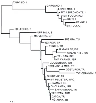 Figure 5. Mid-rooted neighbour-joining tree of A. hermo- hermo-nensis populations, based on 36 loci.