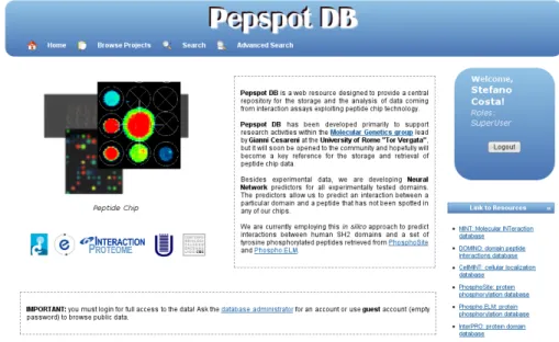 Figure 11: screenshot of PepspotDB's web site (http://mint.bio.uniroma2.it/PepspotDB).