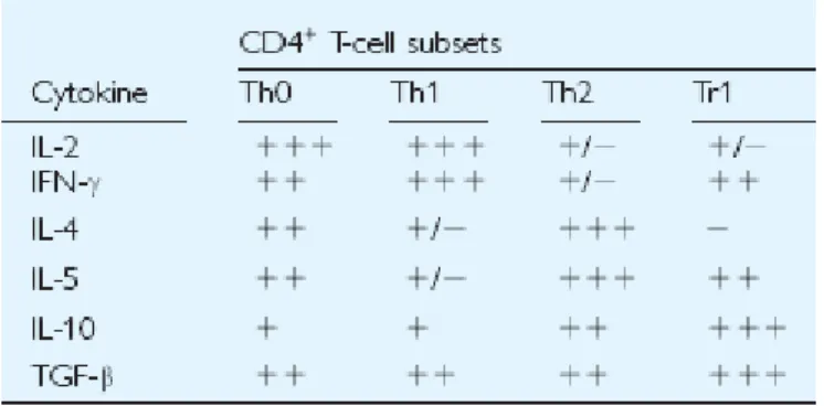 Table 2. The typical cytokine production profile of human CD4 +  T cell subsets 