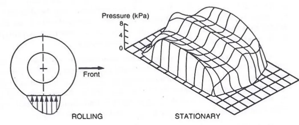 Figura 2-7: Distribuzione di pressione in un pneumatico in rotolamento e in uno fermo [5]