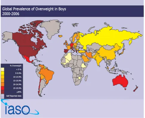 Figura 1: Prevalenza di sovrappeso nel mondo (da www.IASO.org; IASO, International  Association for the Study of Obesity.) 