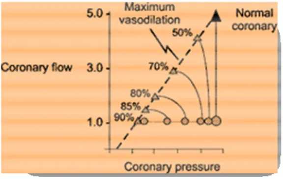 Fig. 7: Relazione tra riduzione della pressione attraverso una stenosi e del flusso  attraverso la stenosi (Da Klocke: Measurement of coronary blood flow and degree of  stenosis) 