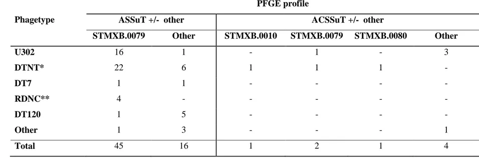Table 7: Association between PFGE patterns and phage types of the 69 strains of S. 4,[5],12:i:– according to resistance pattern