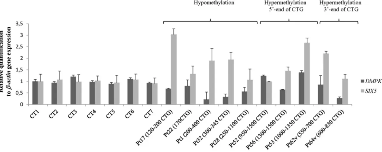 Fig. 4. Real-Time qRT-PCR analysis of SIX5 and DMPK mRNA expression. qRT-PCR to determine relative mRNA transcript levels of SIX5 and DMPK in child/adult onset DM1 patients (Pt1, Pt17, Pt22, Pt28 and Pt32, hypomethylation), cDM1 patients (Pt52, Pt53 and Pt