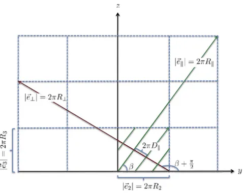 Fig. 1. We depict the lattice vectors e  with wrapping numbers (2, 3) and e ⊥ with wrapping numbers ( −3, 2)