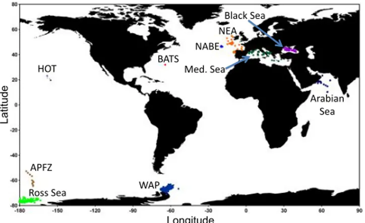 Fig. 1. Sample locations of the 1156 NPP measurements among 10 regions. Some of these locations were sampled multiple times (i.e.