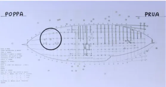 Fig. 1 Vista in pianta della prima nave con la posizione del ritrovamente delle parti sopra riportate (Tav III,  [1])  La parte di telaio in legno della ralla di Fig, 2 mostra evidenti segni di svio del perno di un elemento, chiaramente uscito  dalla sua s