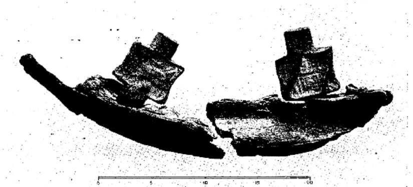 Fig. 3   Il frammento di piattaforma girevole ritrovato con due rulli conici di legno dotati di perni d’estremità [1] 