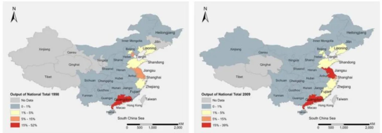 Fig. 2.5 Produzione (Elettronica) in Cina per province, 1998-2009 (%)