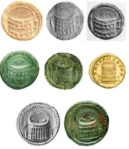 Fig. 10  Serie di monete romane con l’immagine del Colosseo negli anni 80, 222 e 238-244