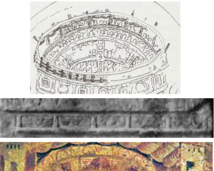 Fig. 22  La forma delle vele in alcune fonti antiche. Dall’alto: il sesterzio di Tito, la lastra di S.Elia di Nepi,  l’affresco di Pompei 