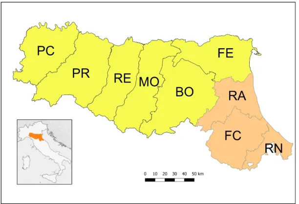 Figura 1. La Regione Emilia-Romagna. PC = Provincia di Piacenza; PR = Provincia di Parma; RE =  Provincia di Reggio Emilia; MO = Provincia di Modena; BO = Provincia di Bologna; FE = Provincia di  Ferrara; RA = Provincia di Ravenna; FC = Provincia di Forlì-